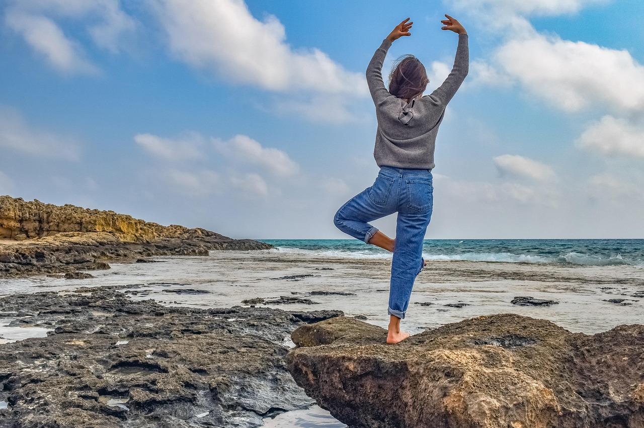 girl, nature, teenager, young, beach, happiness, relaxing, balance, yoga, outdoors, youth, sea, sky, clouds, blue happiness, balance, yoga, yoga, yoga, yoga, yoga