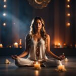 ai generated, woman, meditation, peaceful, balance, wellness, relaxation, quiet, spiritual, calming, awareness, ghost, soul, reduce stress, candles, lifestyle