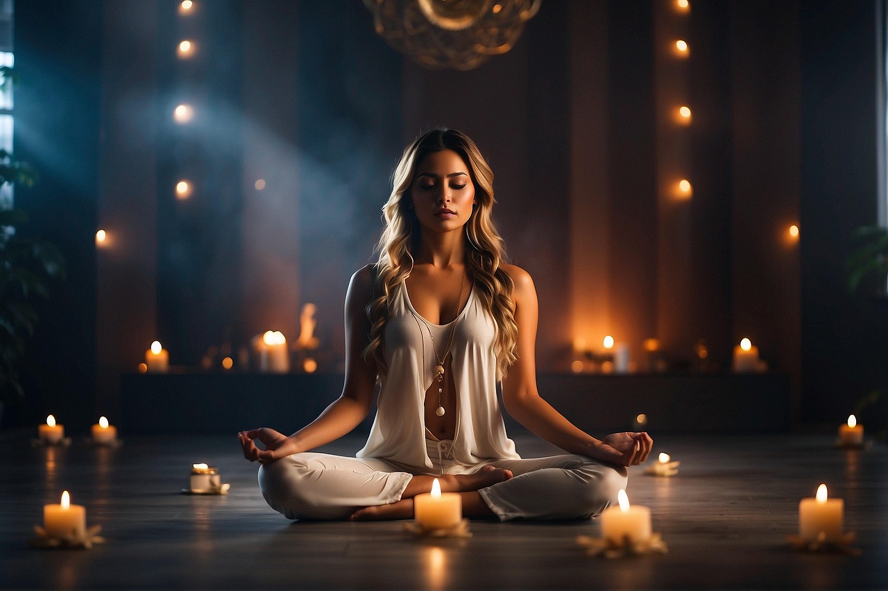 ai generated, woman, meditation, peaceful, balance, wellness, relaxation, quiet, spiritual, calming, awareness, ghost, soul, reduce stress, candles, lifestyle