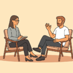 therapy, counseling, interview, consultation, conversation, therapist, counselor, interviewer, patient, man, woman, sitting, talking, listening, communication, mental health, psychology, discussion, cartoon, professional